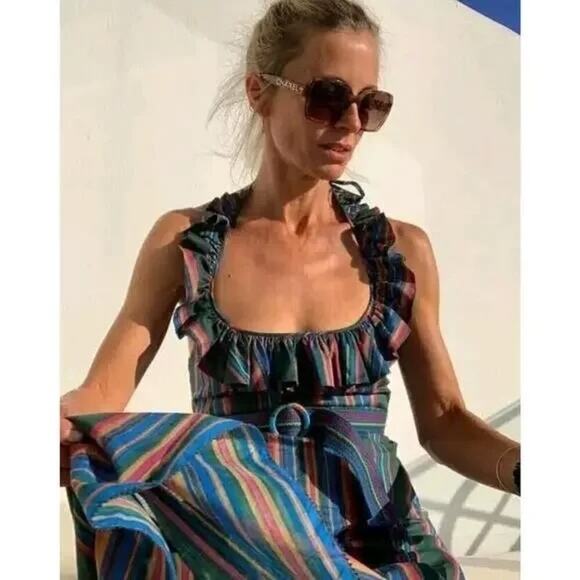 Zimmermann Allia Ruffled Striped Cotton Maxi Dress Green Tiered Boho Large - Picture 8 of 9